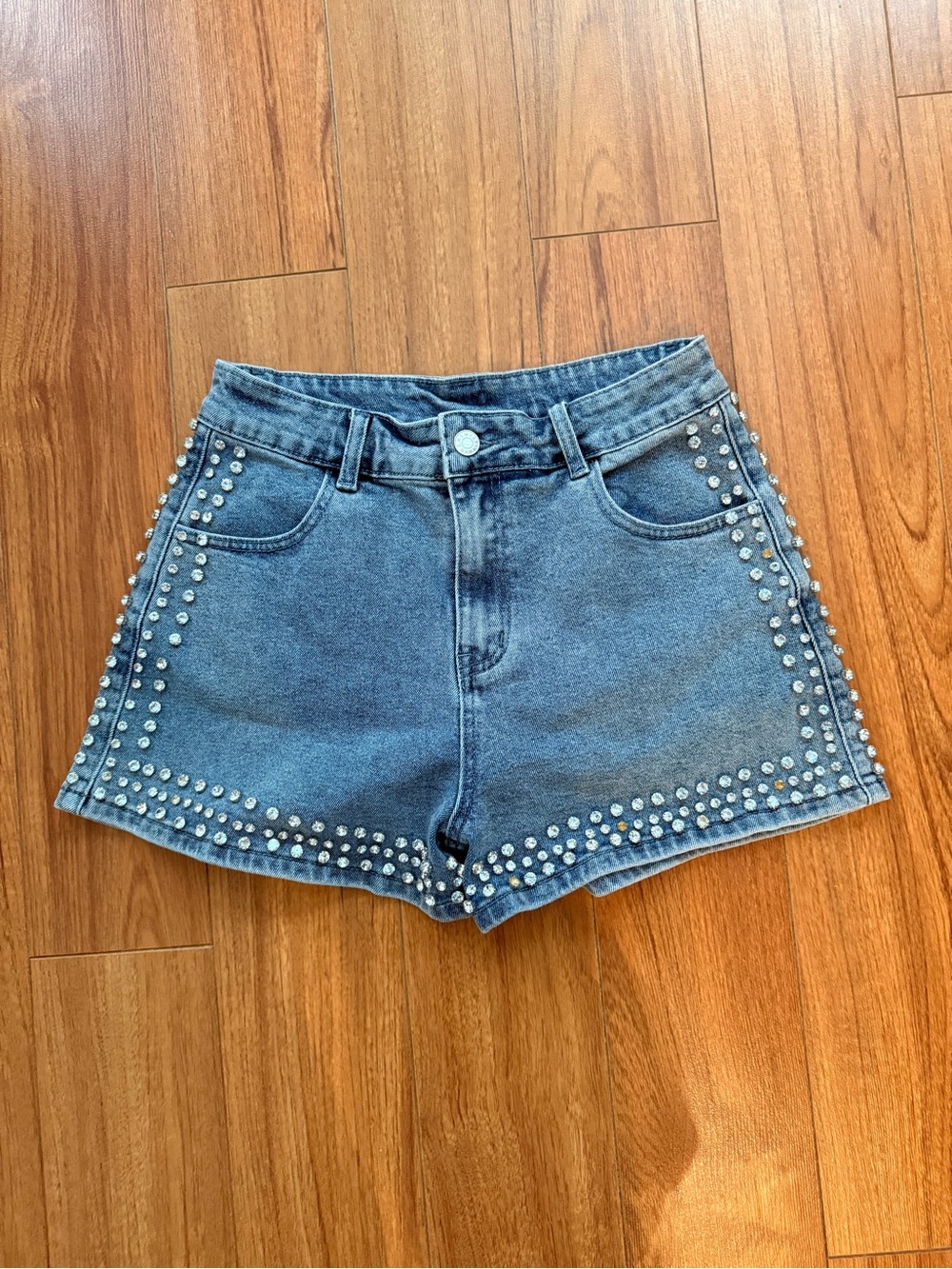 AKIRA Blue Denim Studded High-Rise Shorts